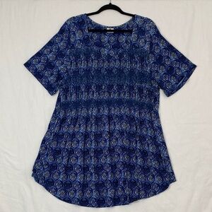 dC Jeans Shirred Long Top Blue Geometric Print Womens Size 2X
